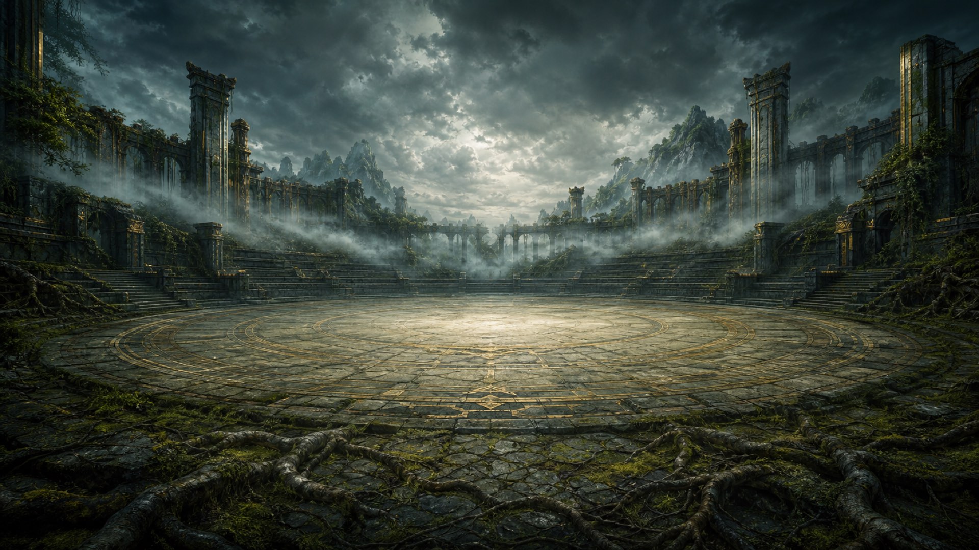 Die Arena eines Skyholds: eine ringförmige Steinfläche zwischen Ruinen unter einem Sturmhimmel